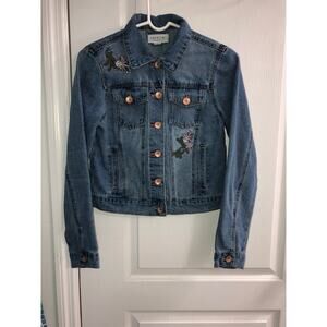 Cavalini Floral Patch Embroidery Medium Wash Denim Jean Jacket - Size SMALL